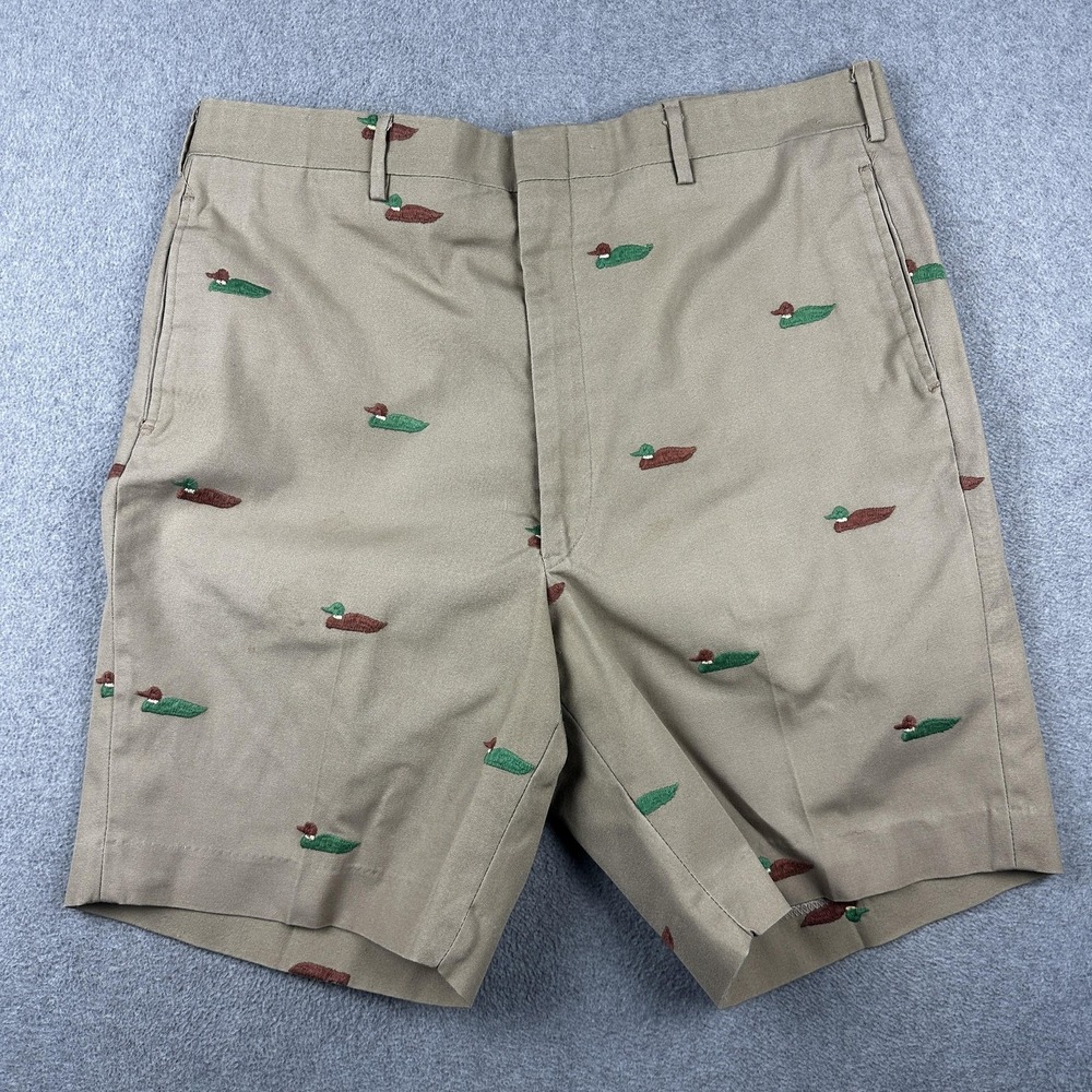 Vintage Mallard Duck Embroidered Shorts Mens 36 Khaki Flat Golf Preppy Casual